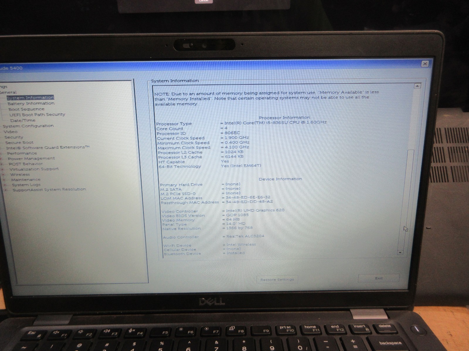Dell Latitude 5400 14″ I5-8365U 1.6GHZ WIFI REBUILD