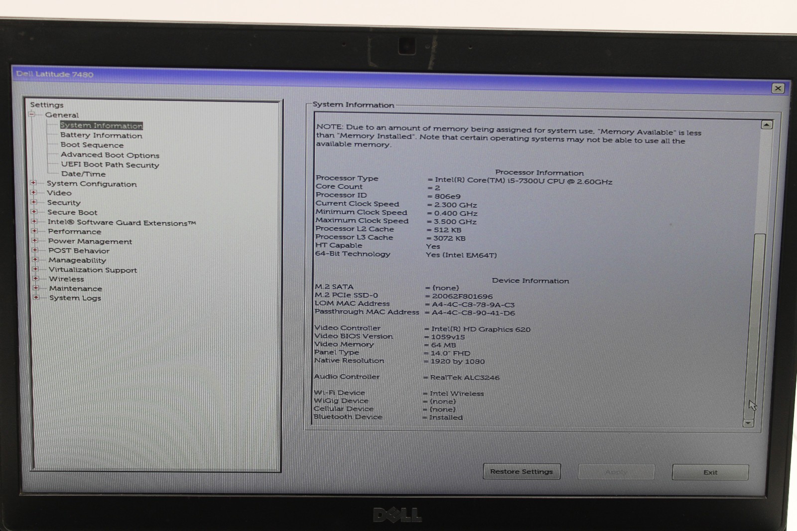 Dell Latitude 7480 i5-7300U @ 2.6 GHz 8GB RAM 256GB SSD No OS