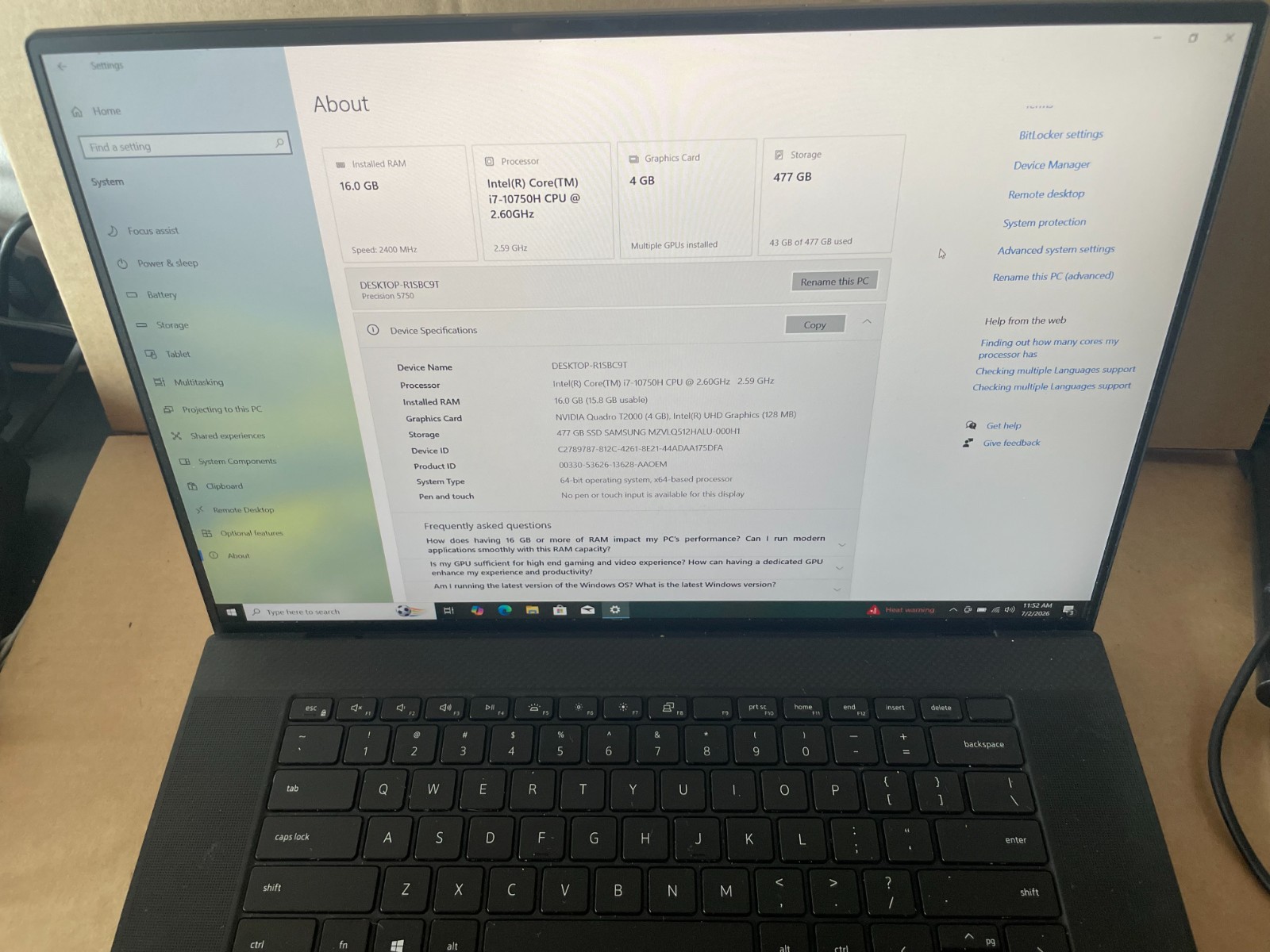 Dell Precision 5750 i7-10750H 512GB SSD 16GB RAM (No Charger Included)