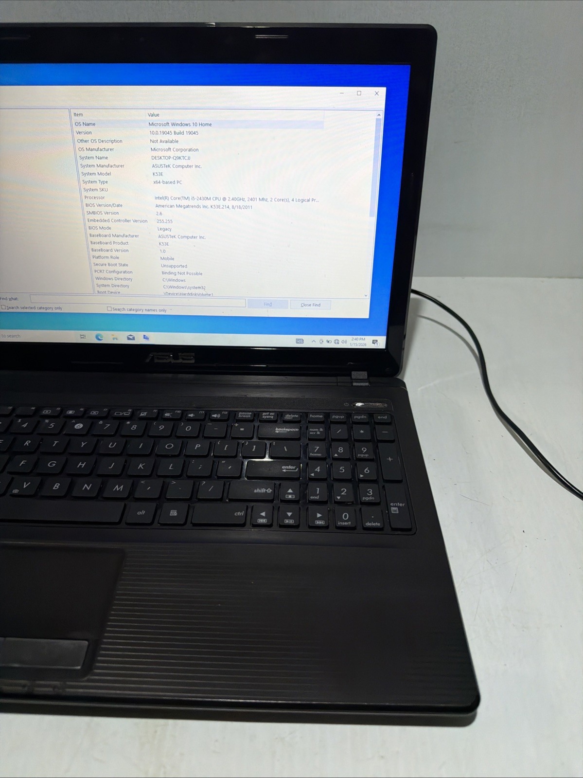 Asus K53E 15″ Laptop i5-2430m 4gb Ram 256gb SSD Windows 10 Home