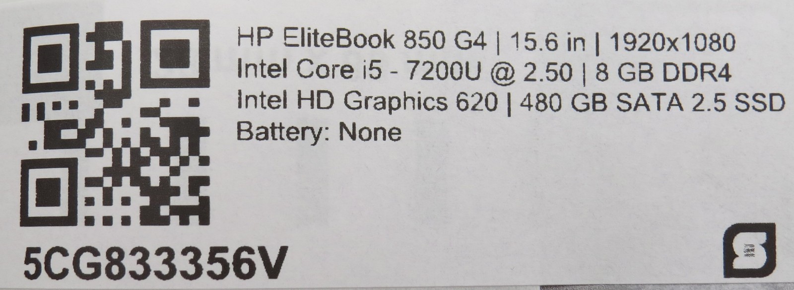 i5-7200U @ 2.5GHz 8GB DDR4 480GB 2.5″ SATA SSD HD 620 15.6″ No Batt/OS/AC