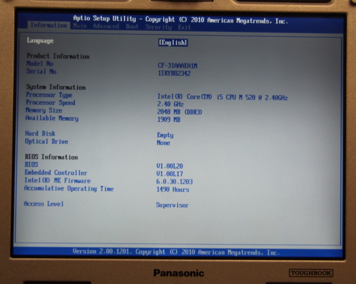 Panasonic CF-31 Toughbook 13″ Intel Core i5 CPU M 520 2.40GHz 2GB Ram No HDD