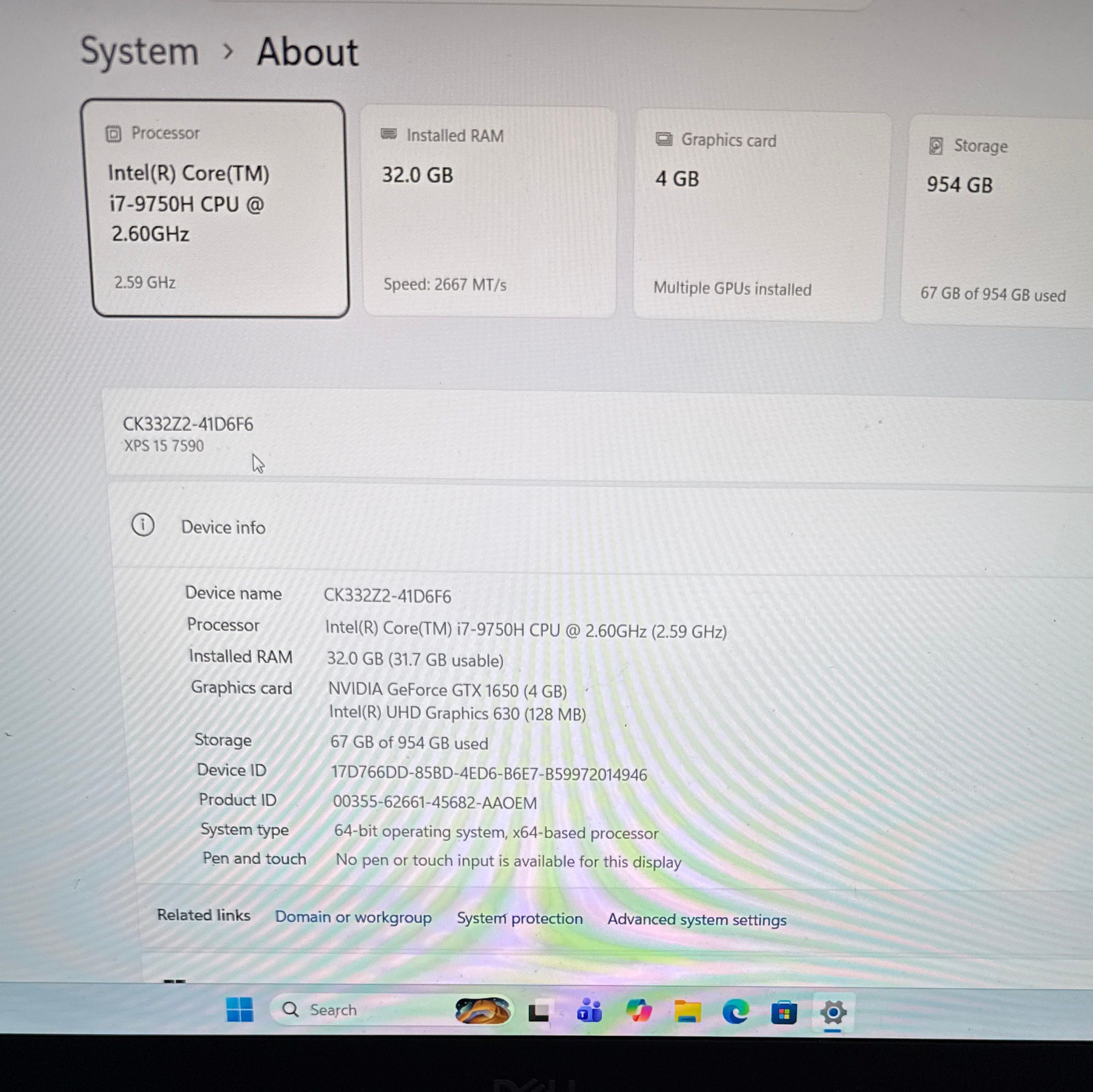 Dell XPS 15 7590 Laptop i7-9750H 2.60GHz 32GB RAM 1TB SSD GTX 1650 Win 11 Pro