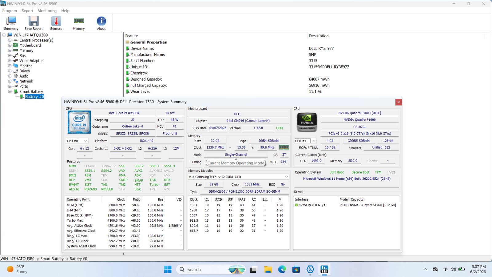 Dell Precision 7530 15″ FHD I9-8950HK 512GB SSD 32GB W11 Quadro P1000 Backlit