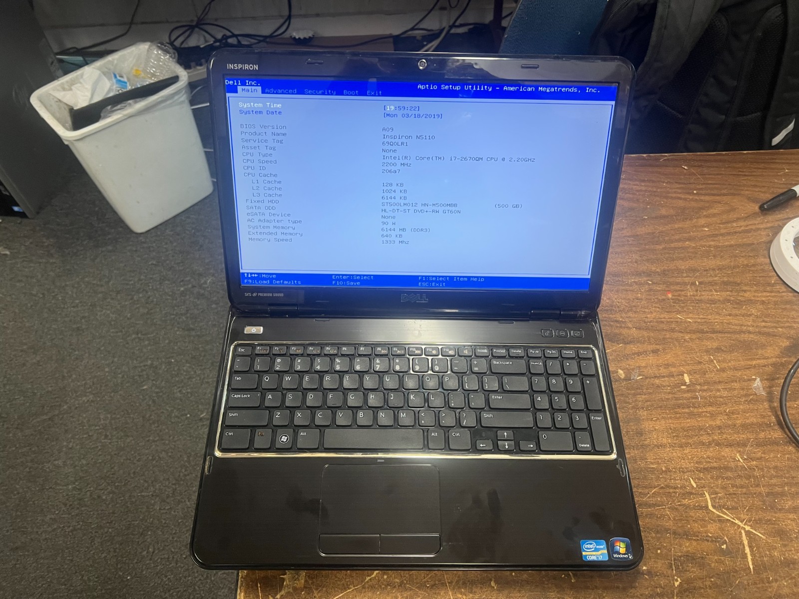 Dell Inspiron N5110 Intel i7-2670QM 2.20 GHz 6 GB NO OS 500 GB Hard Drive