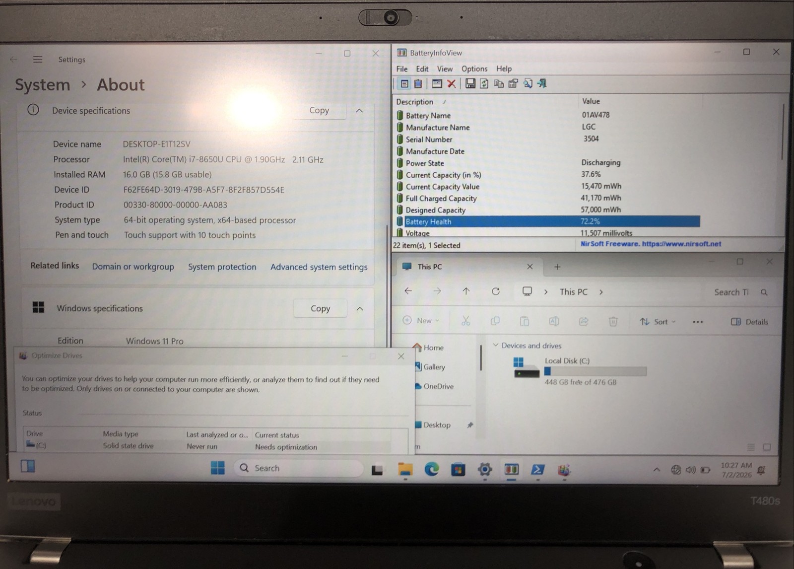 Lenovo Thinkpad T480s, Intel Core i7-8650U @1.90 GHz, 16GB RAM 450 GB SSD, W11