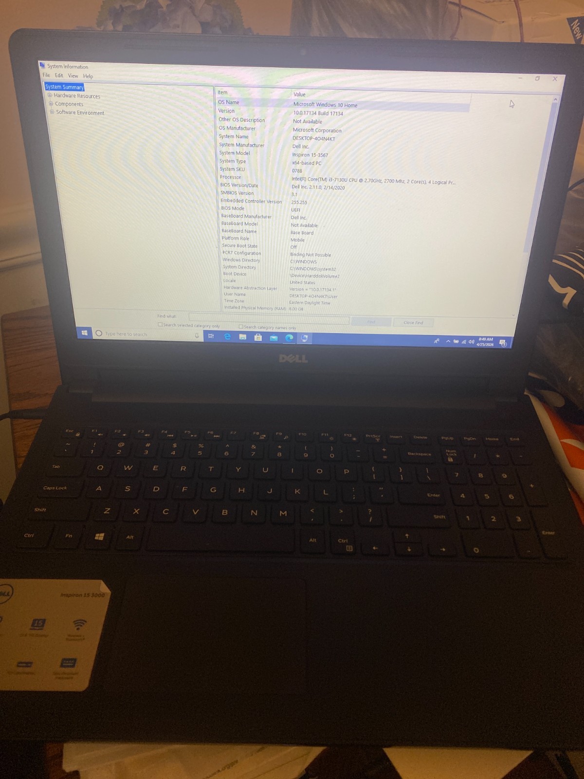 Dell Inspiron 15 3000 Laptop Intel i3-7130U 250G SSD 8GB RAM Win 10 Home