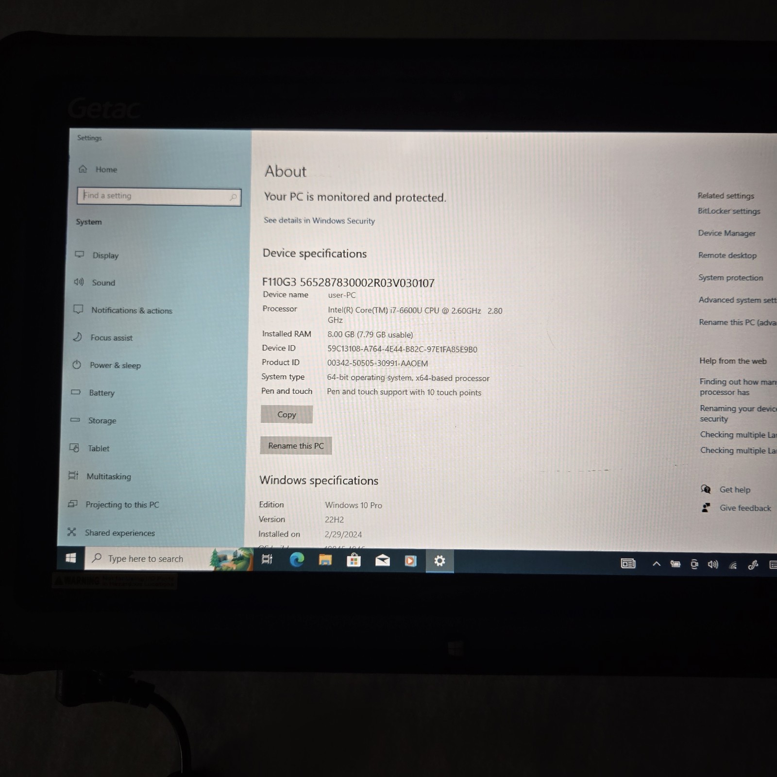 GETAC F110 G3 Rugged Tablet i7-6600U 2.60GHz 256GB SSD 8GB Ram Win10P – Grade A-