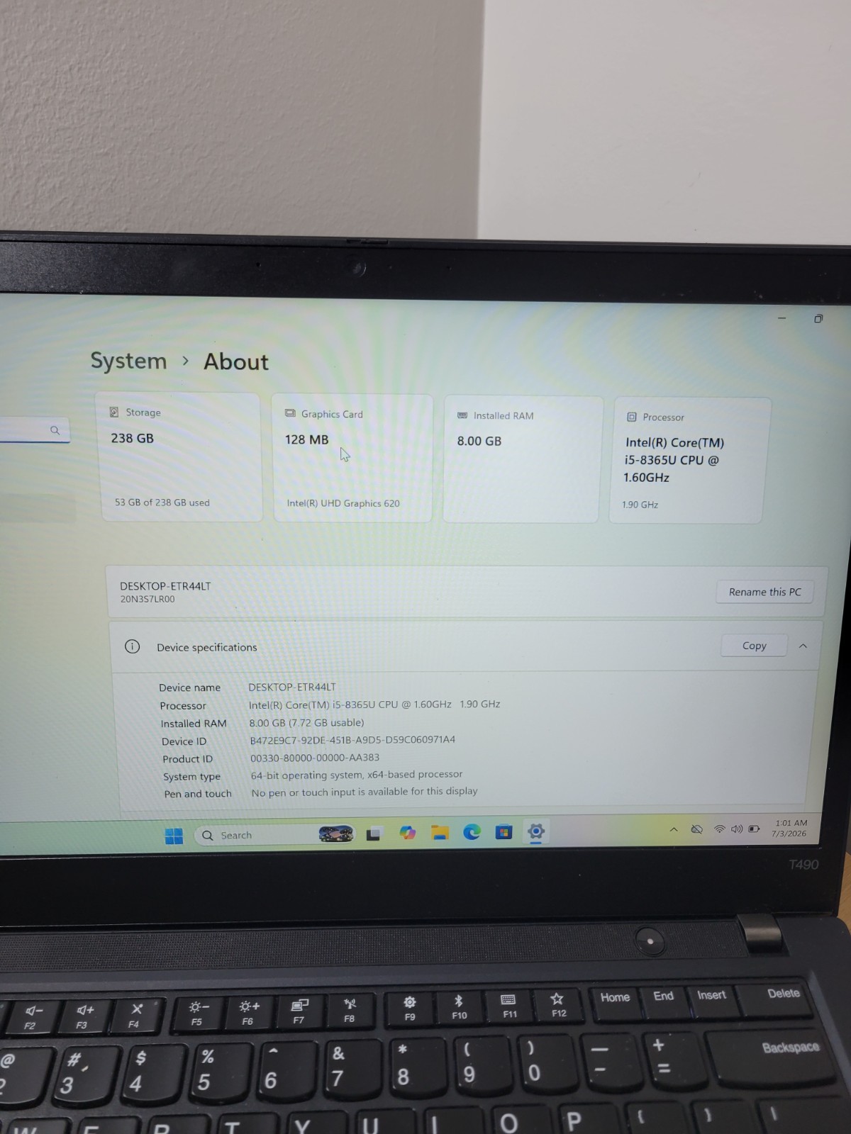 Lenovo Thinkpad T490 I5 8365U 8Gb 256Gb FHD . Very Good