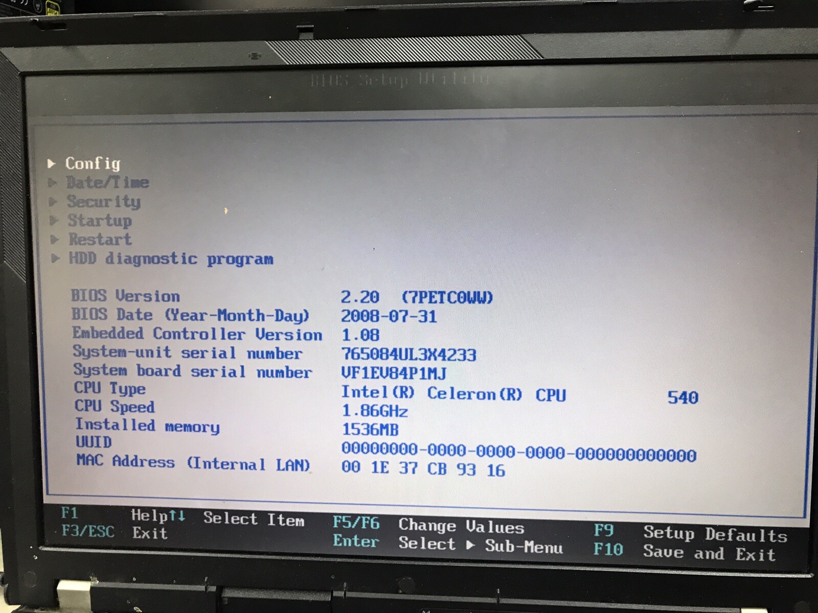 Lenovo ThinkPad R61e Intel Celeron CPU 540 @ 1.86GHz Booted to BIOS