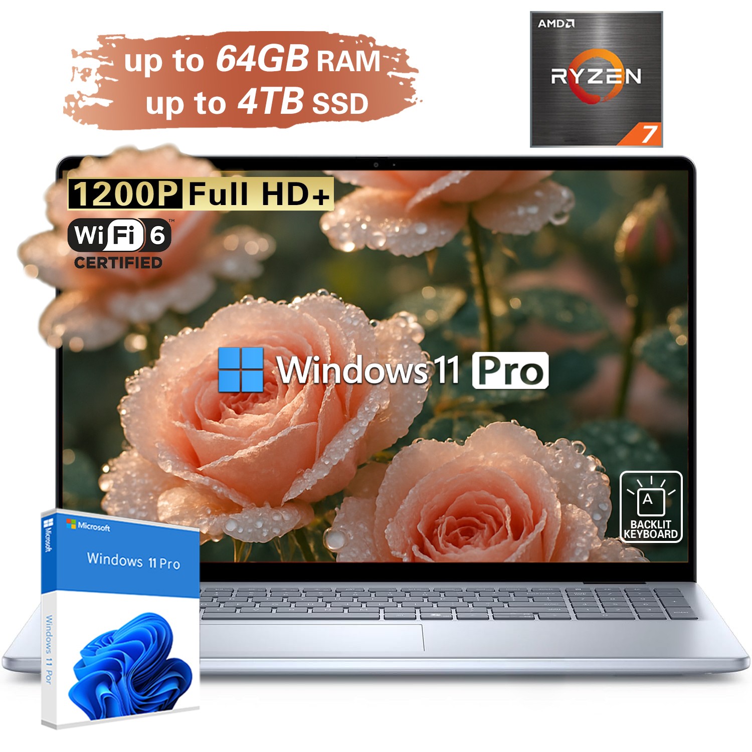 Dell Inspiron Laptop 16″ Touch Backlit Fingerprint Ryzen 7 32GB RAM 1TB Win11Pro
