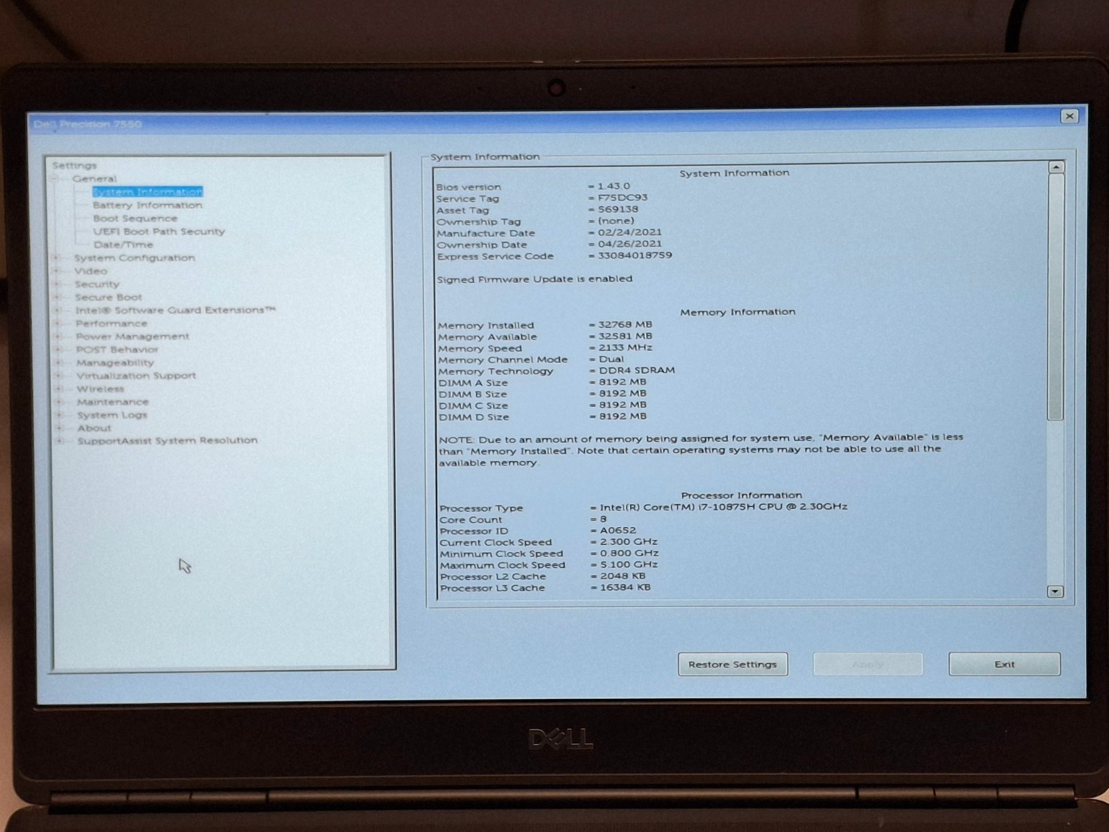 DELL PRECISION 7550 15.6″FHD i7-10875H 512GB SSD 32GB Webcam Wifi Bluetooth W11P