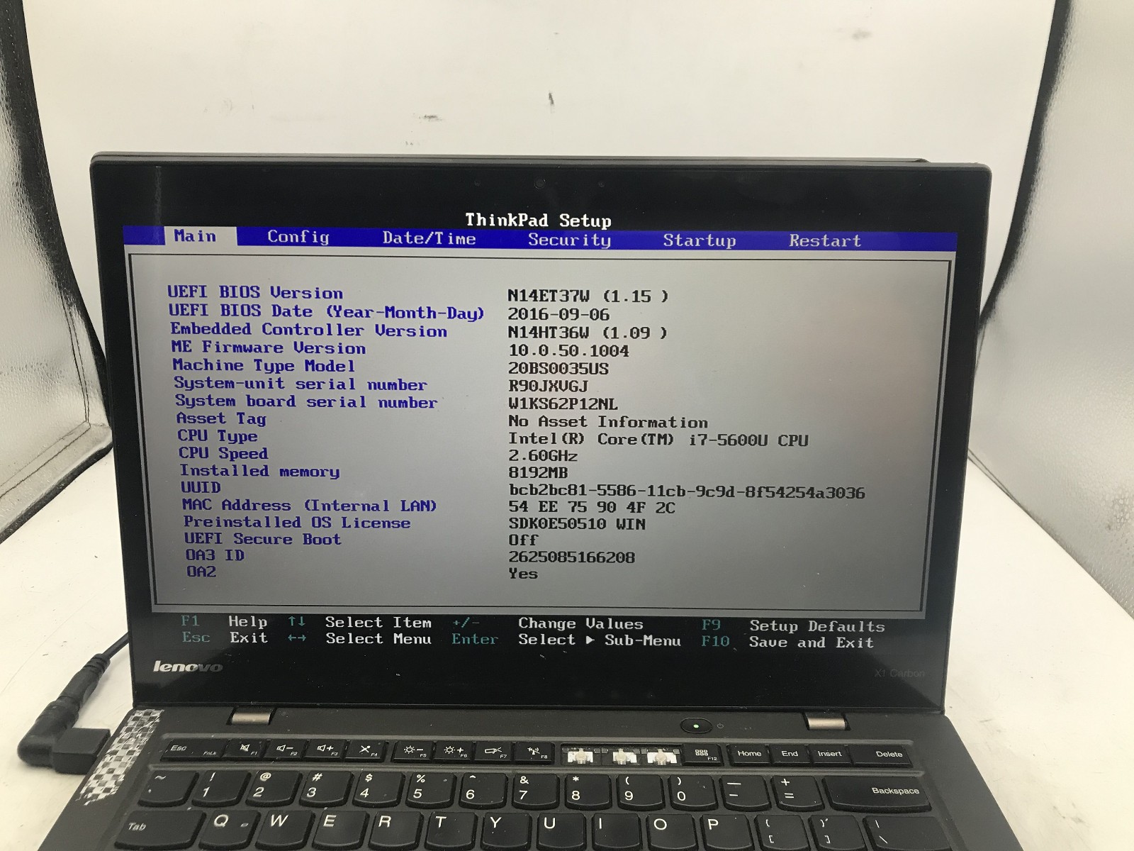 LENOVO THINKPAD X1 CARBON – BOOTS TO BIOS – INTEL I7 5600U – 8GB RAM – READ – BB
