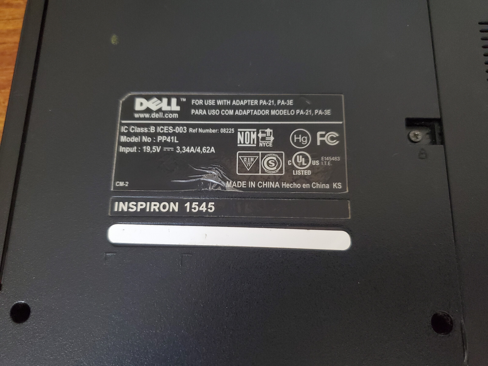 Dell Inspiron 1545 laptop Pentium T4400 4GB RAM No HDD As Is
