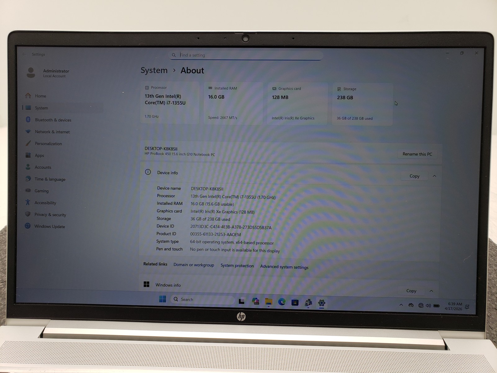 HP ProBook 450 G10 Core i7-1355U 16GB RAM 256GB SSD 15.6″ Laptop PC Win 11 Pro.