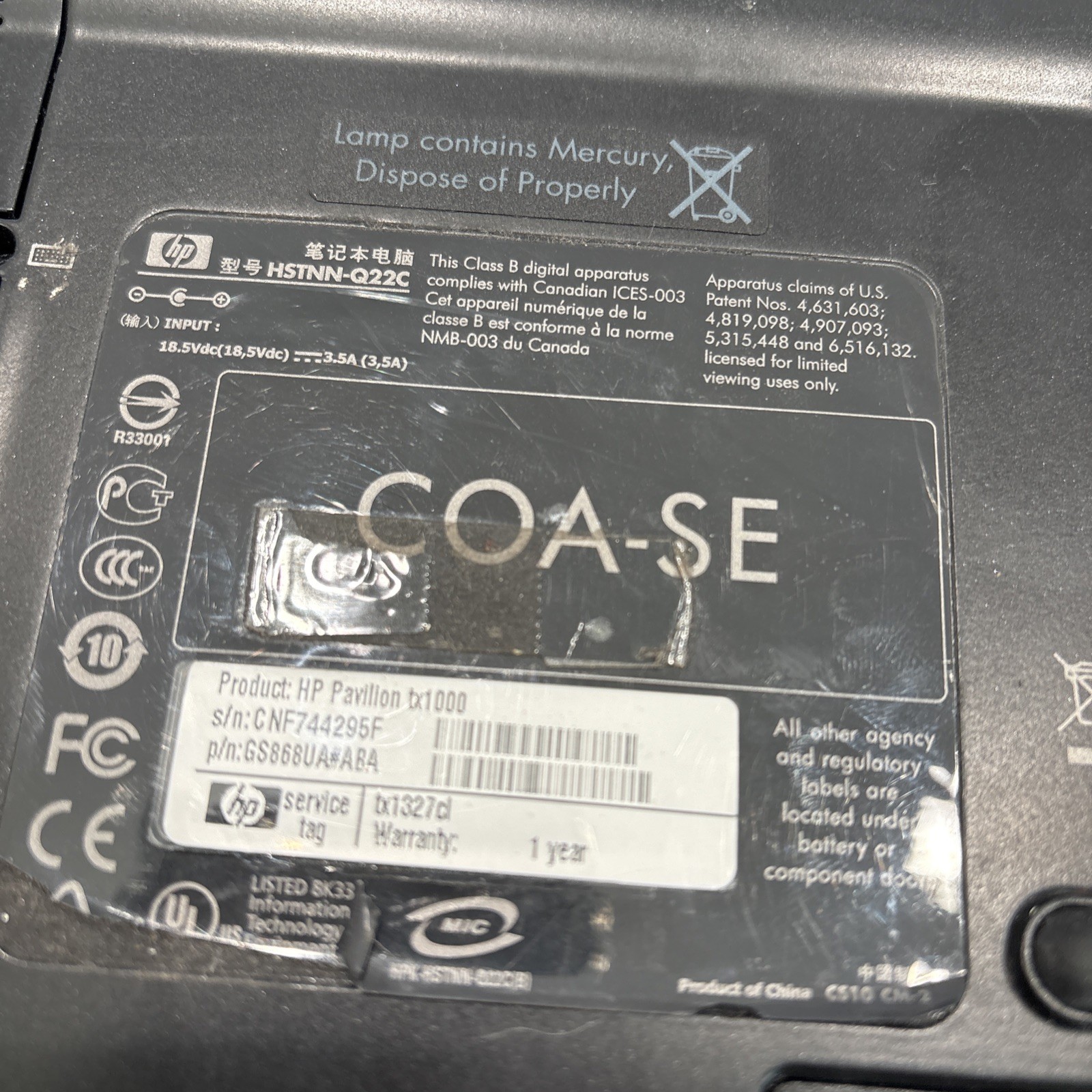 HP Pavillion TX1000 Laptop with Swivel Display For Parts Broken Screen