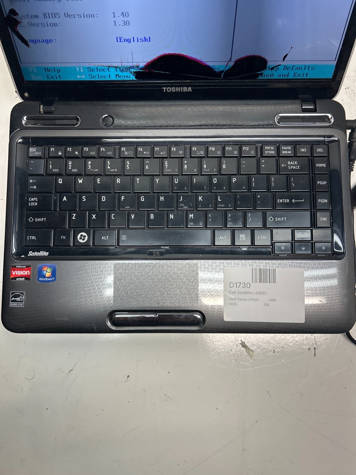 Toshiba Satellite L645D-S4030 AMD Turion II P520 2.30GHz 4GB NO HDD