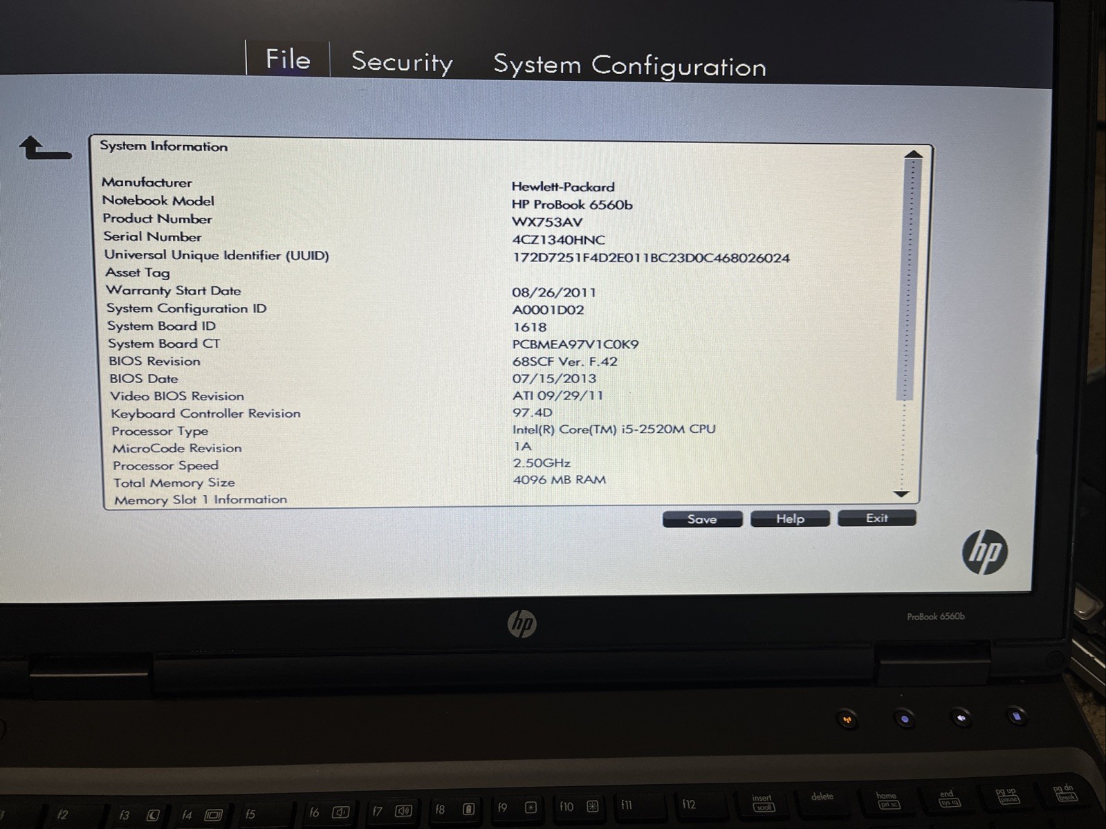 HP PROBOOK 6560B – BOOTS TO BIOS – INTEL I5 3230M – 4G RAM No Hard Drive