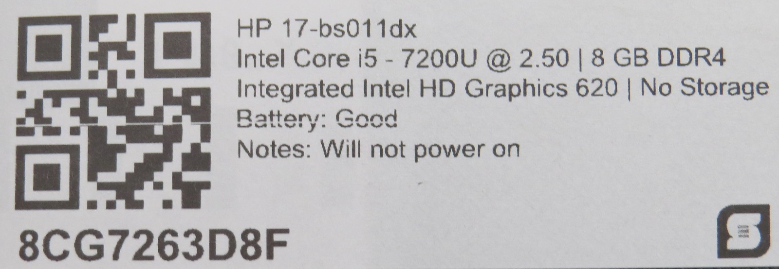 HP 17-bs011dx | i5-7200U @ 2.5GHz | 8GB RAM | 17″ | No OS/AC | PARTS
