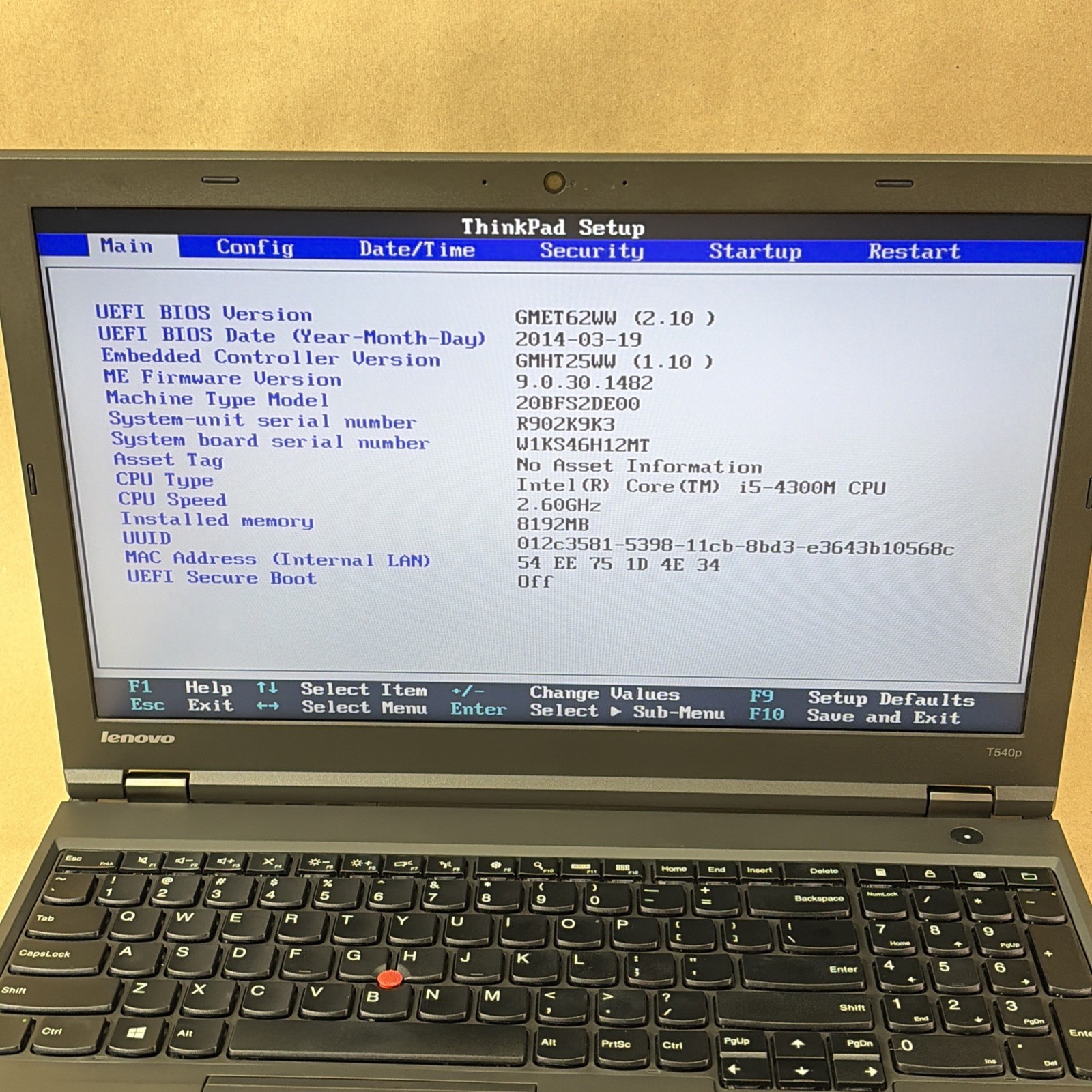Lenovo ThinkPad T540p i5-4300M 8GB RAM Boots BIOS No OS No Charger
