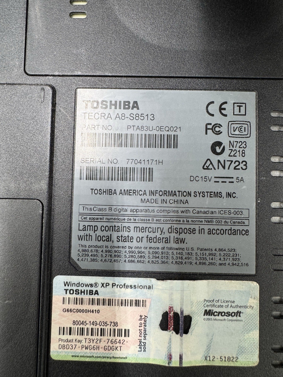 15.4” Toshiba Tecra A8-S8513 Laptop Parts Only As Is