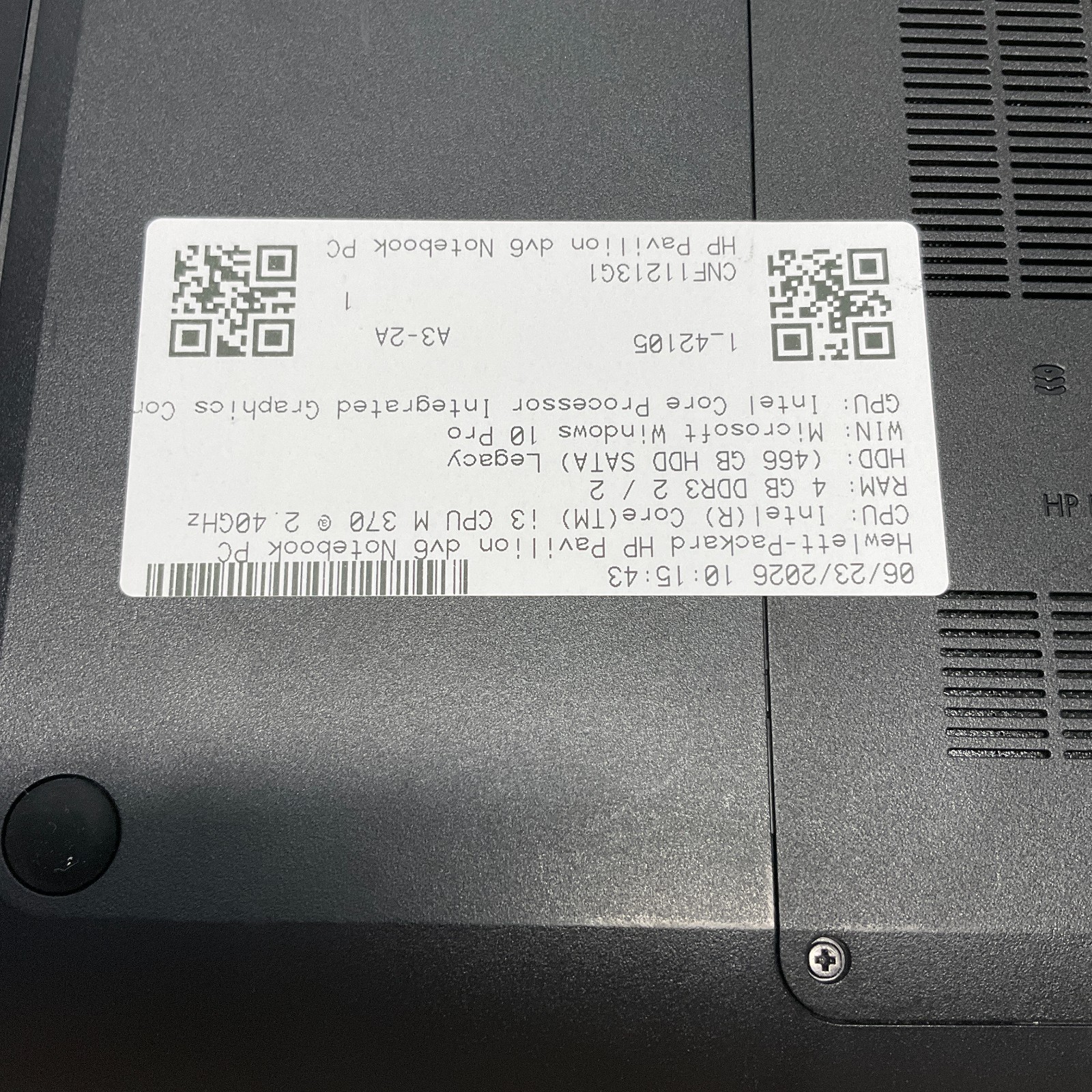 HP PAVILION DV6 Laptop Intel Core i3-M370 @ 2.40 GHz 4GB 500GB HDD Win 10 Pro