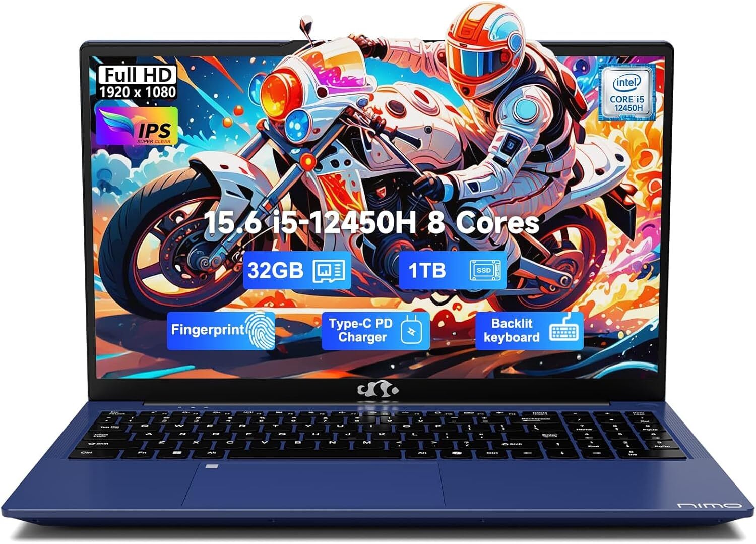 NIMO 15.6 FHD IPS Laptop, 8 Cores Intel i5-12450H 32GB RAM 1TB SSD WiFi-6 Win11