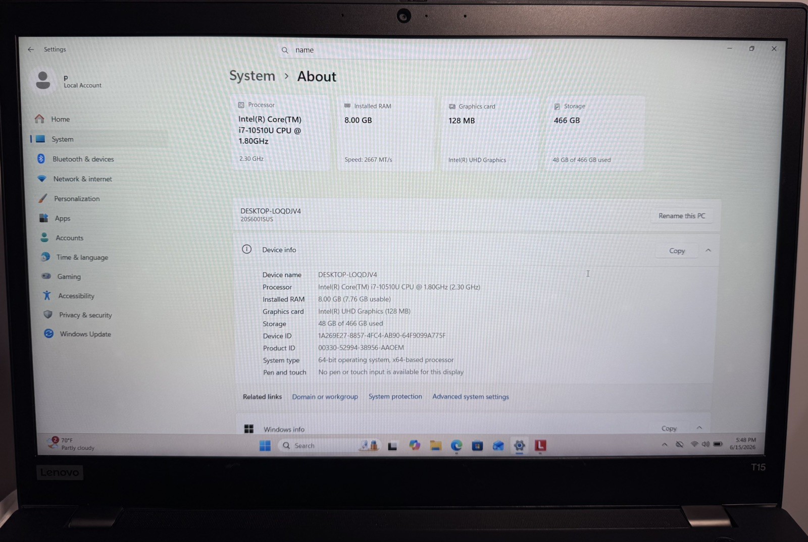 LENOVO ThinkPad T15 Gen1 i7 15.6″ 8GB RAM 512GB SSD WIN11P