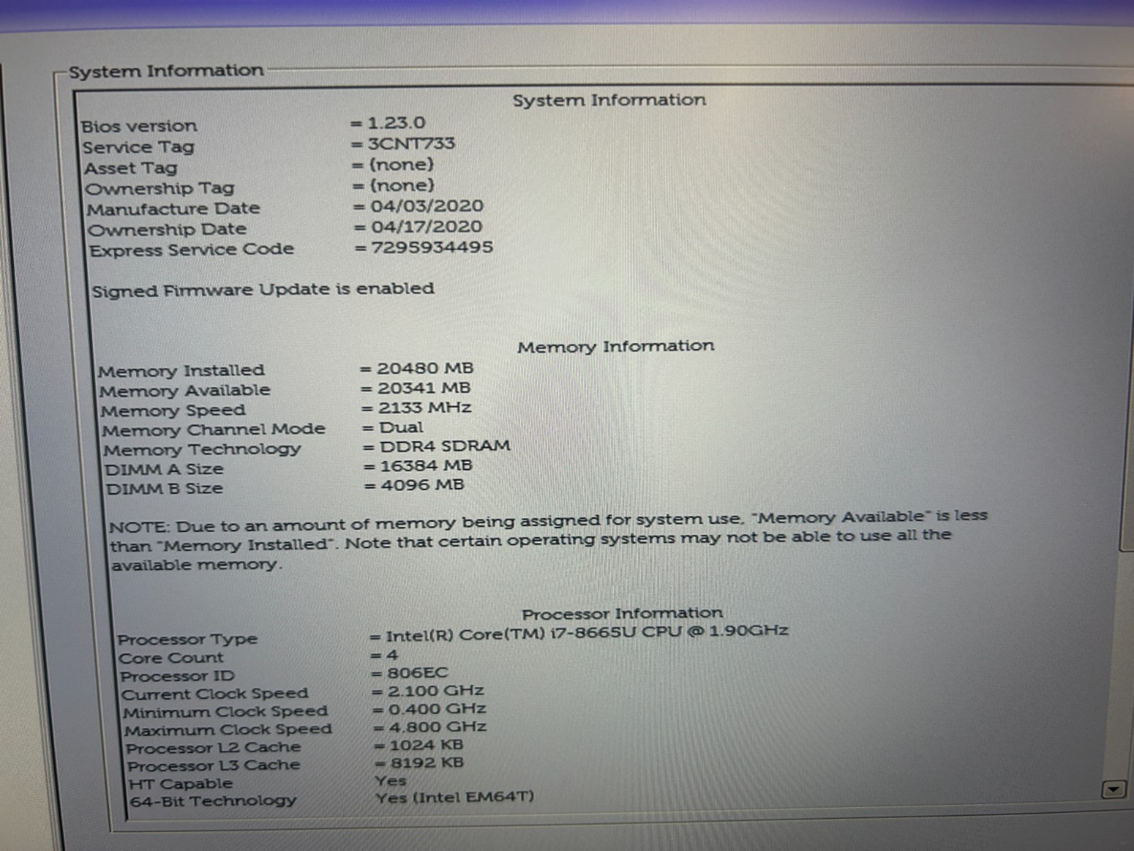 Dell LATITUDE 7400, i7-8665U, 20 GB RAM, UHD Graphics 620, 14 INCH SCREEN