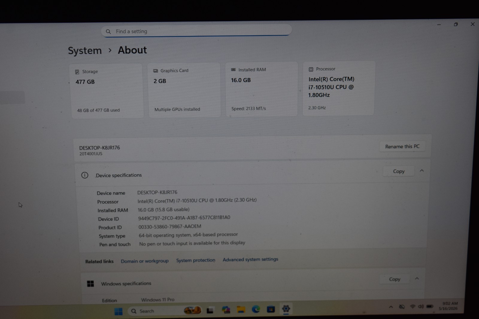 Lenovo ThinkPad P15s 15.6″ Quad Core i7-10510U 16GB RAM 512GB SSD Windows 11 Pro