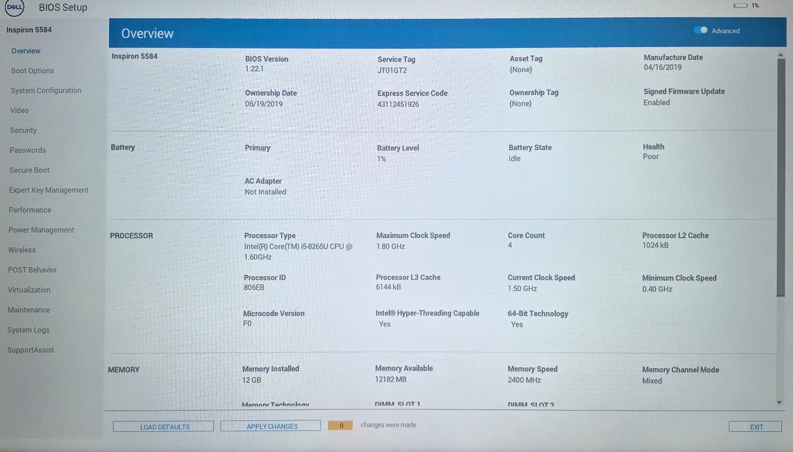 Dell Inspiron 5584 15.6 in PARTS ONLY (Intel Core i5 8th Gen., 1.60GHz, 12GB)…