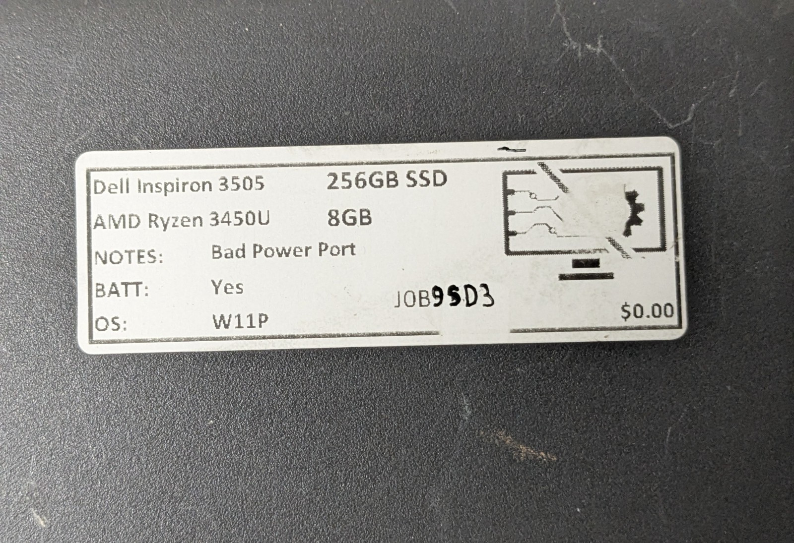 Dell Inspiron 3505 15.6″ AMD Ryzen 3450U 8GB 256GB SSD W11H J0B9SD3 SOLD AS-IS