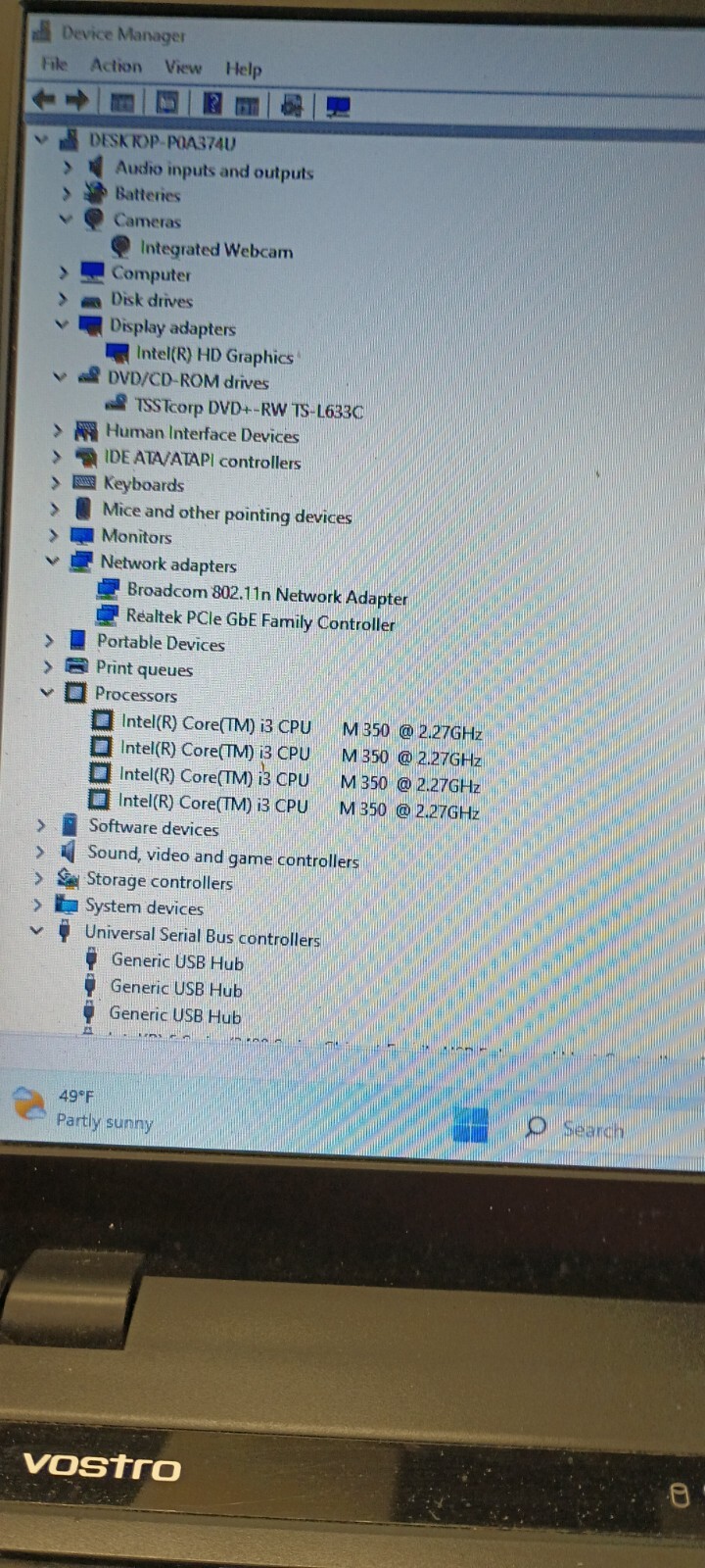Dell Vostro 3500 (no charger) i3 M350.8GB.128GB SSD.Optical Drive.W11 Home