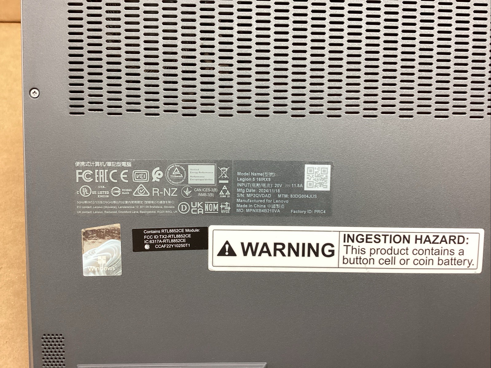 Lenovo Legion 5 16IRX9 16″ 2560×1600 i9-14900HX 32GB 1TB SSD RTX 4060 W11H