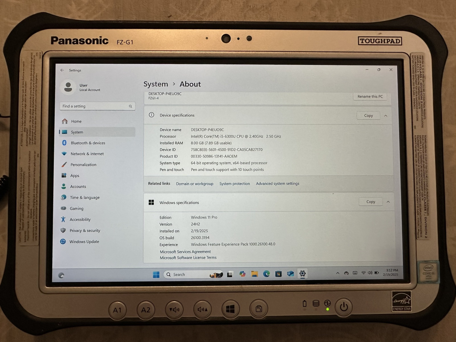 Panasonic Toughpad FZ-G1 i5-6300U 2.4GHz 8GB Barcode 256GB SSD 11 Pro LTE ANSI