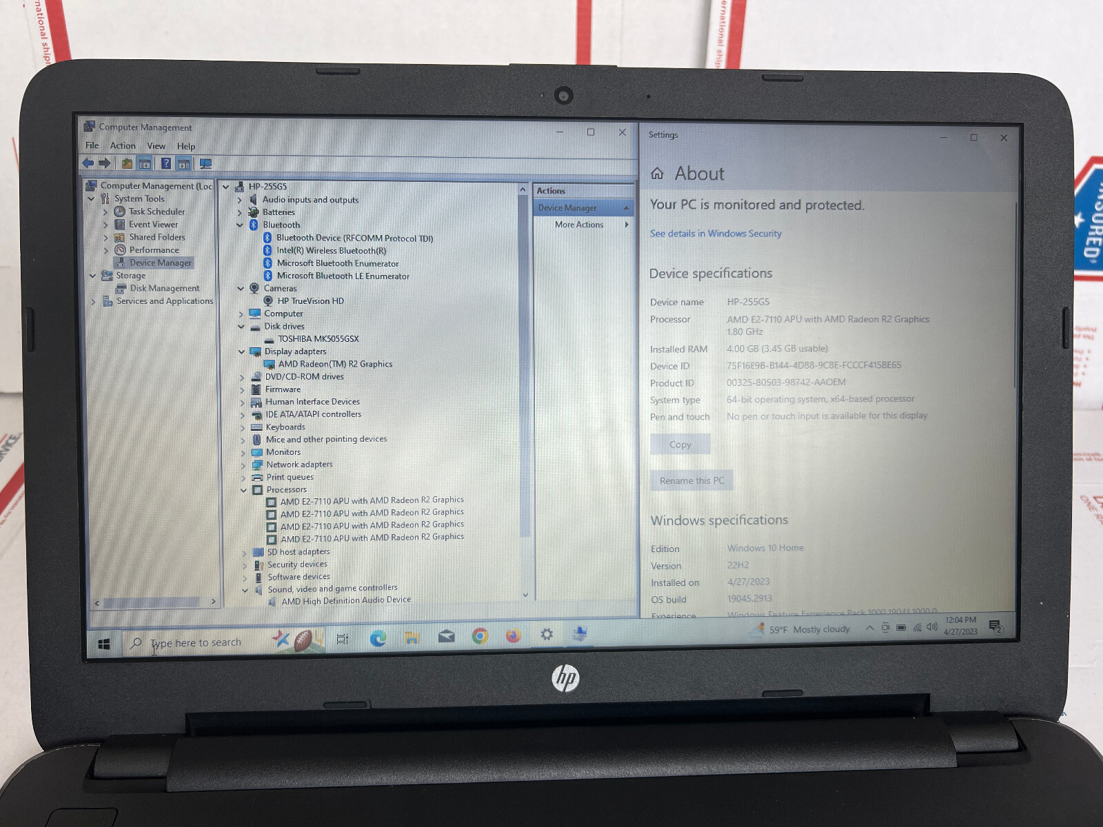 HP Notebook 255 G5 15.6″ AMD E2-7110 RADEON R2 1.80GHz – 4GB RAM – 500GB HDD