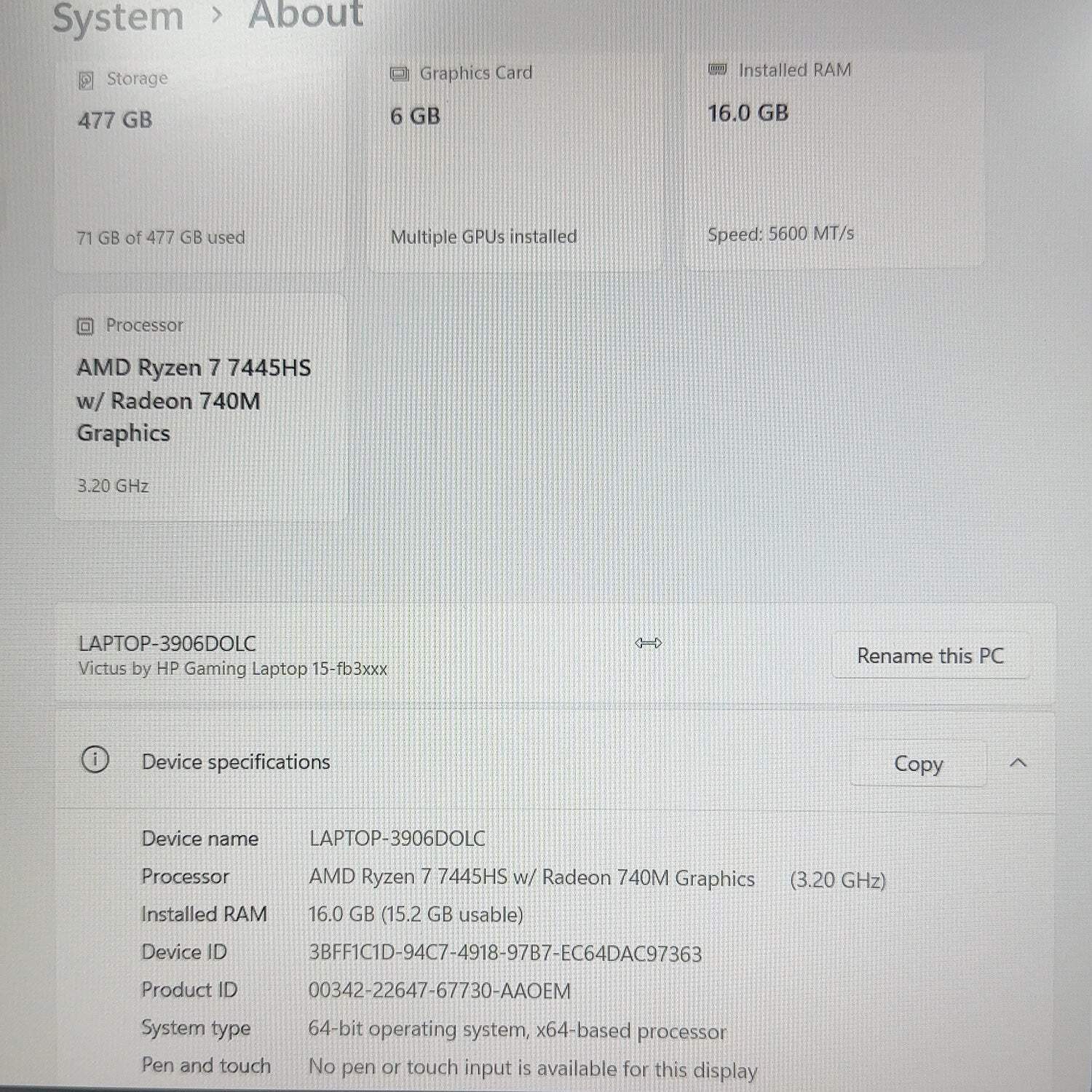HP Victus 15-fb3093dx 15.6″ Ryzen 7 7445HS 3.2GHz 16GB RAM 512GB SSD RTX 4050