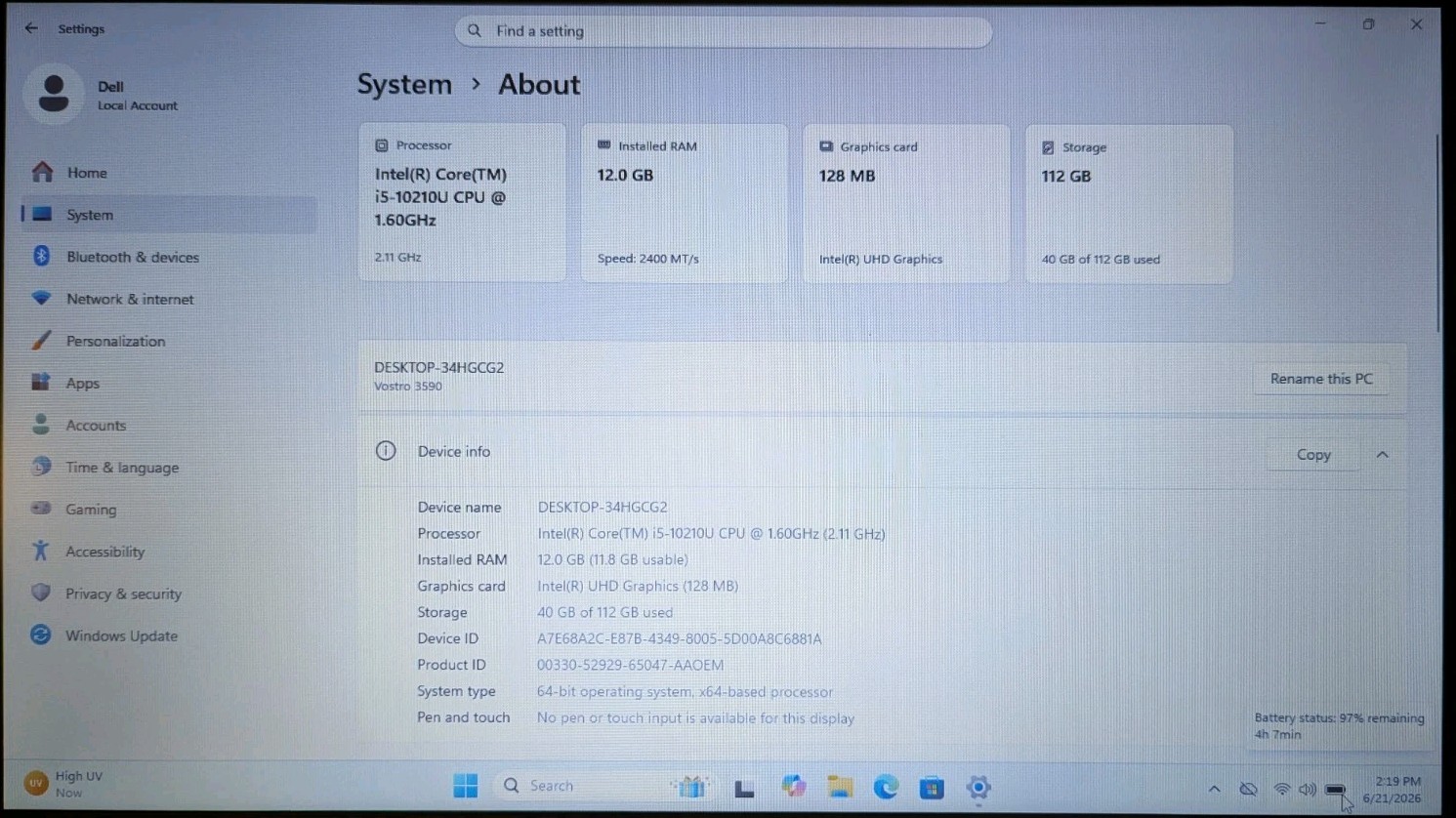 Dell Vostro 15 3590 15.6″ Laptop Core i5-10210U 1.6Ghz 12GB RAM 128GB Win 11 Pro