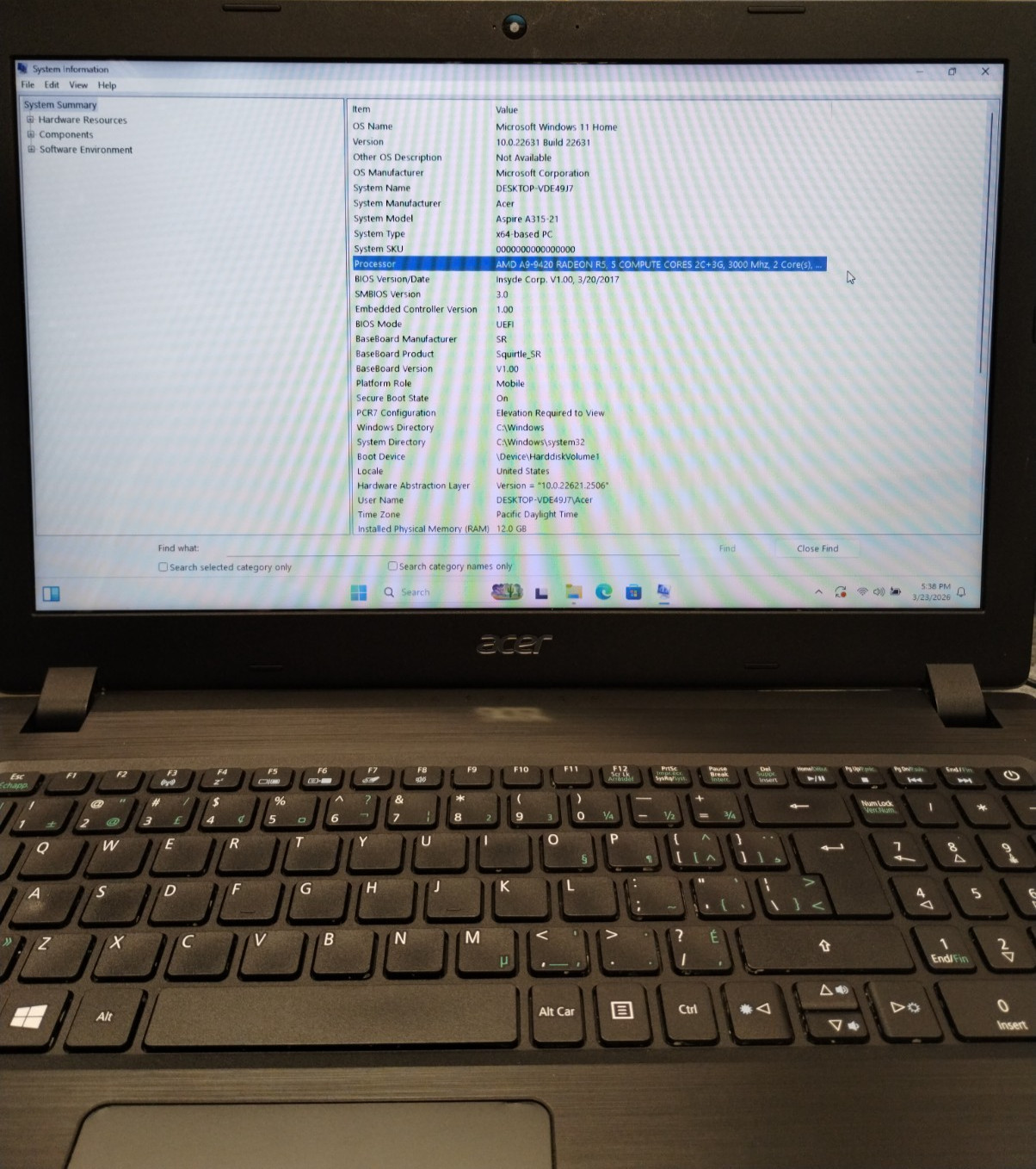 Acer Aspire 3 A315-21 N17Q3 15.6″ Laptop AMD A9-9420 12GB RAM 500GB W11H