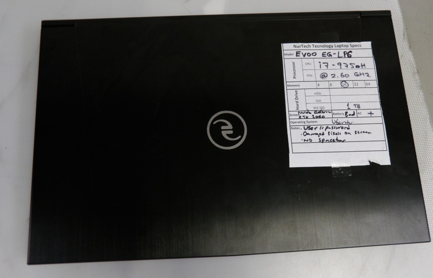 EVOO EG-LP6 i7-9750H 2.60GHz RTX2060, 16GB RAM, 1 TB M2SSD, Ubuntu Gaming Laptop