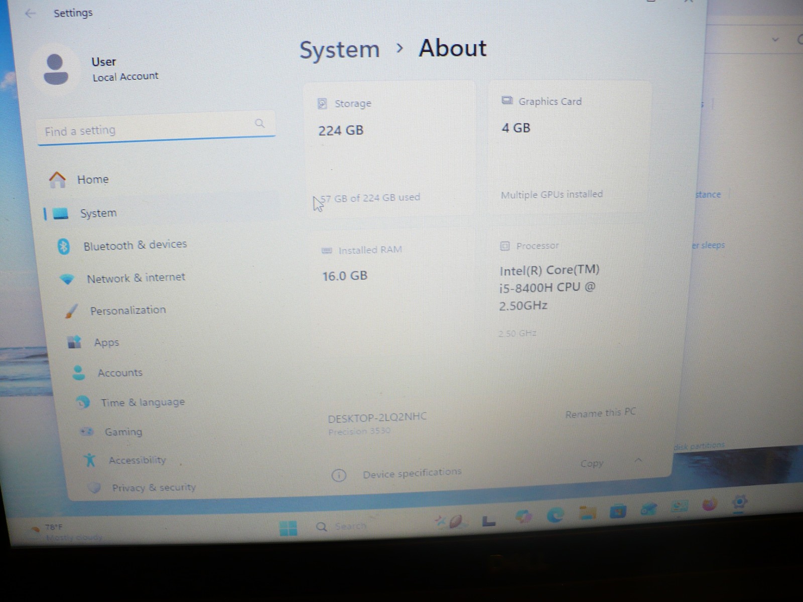 Dell Precision 3530 Intel i5-8400H 2.50GHz 16GB RAM 240MVME HD Win 11 Pro