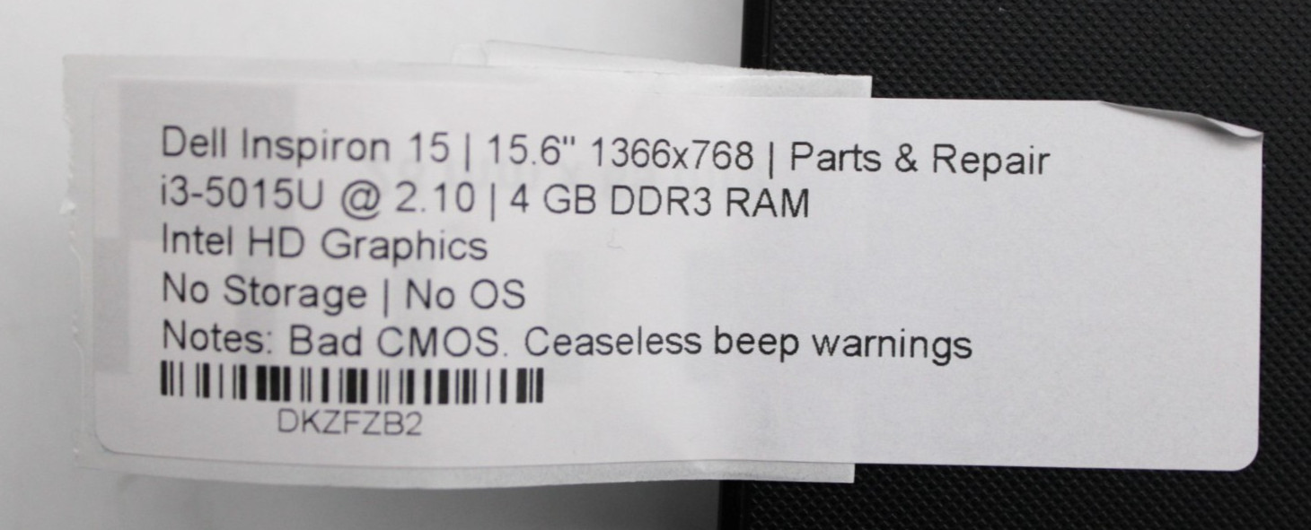 Dell Inspiron 15 i3-5015U@2.1GHz 4GB RAM NO Storage/OS BAD CMOS *PARTS/READ*