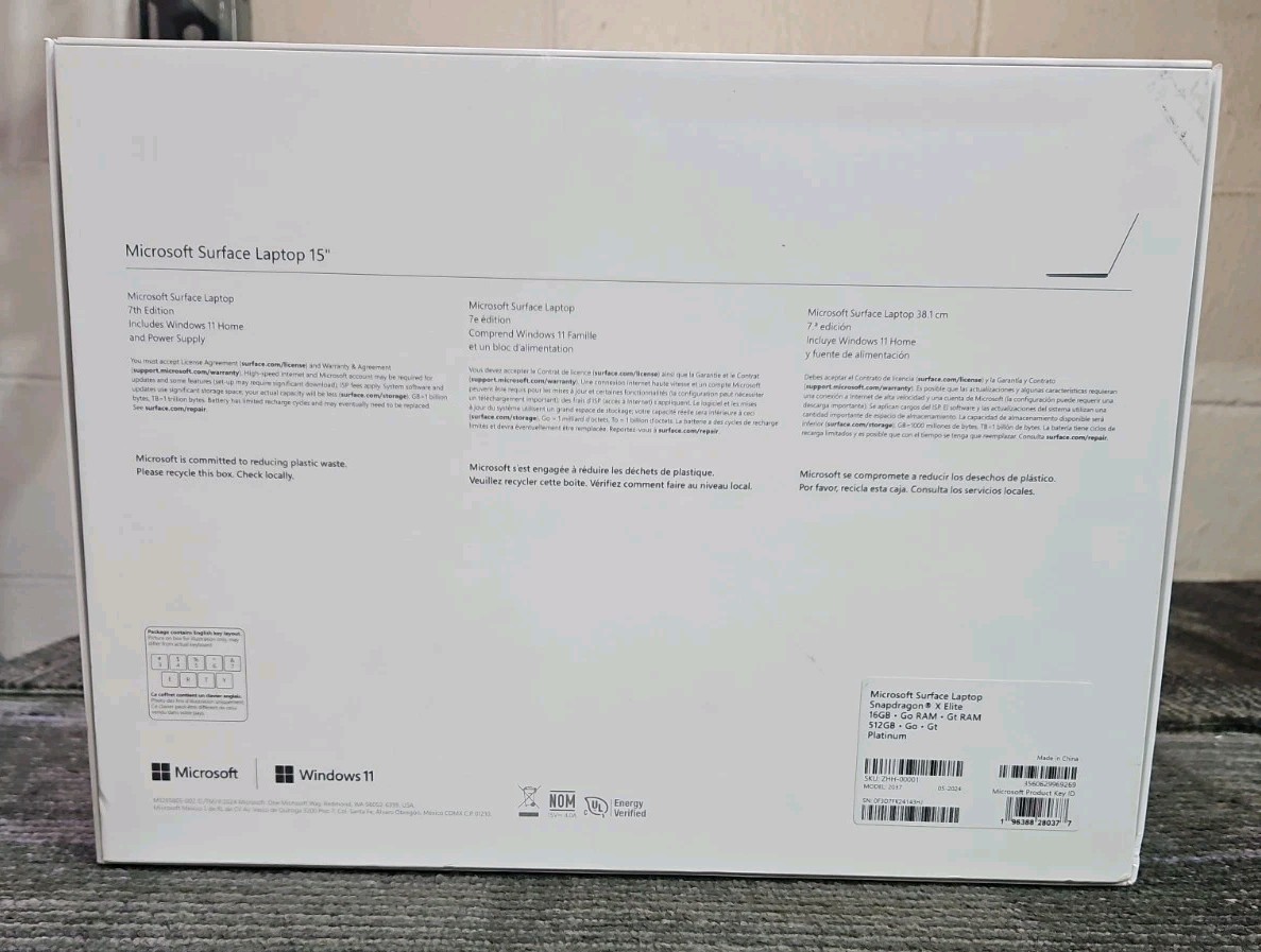 Microsoft 2037 Surface Laptop Snapdragon X Elite 16GB Go RAM GT RAM 512GB
