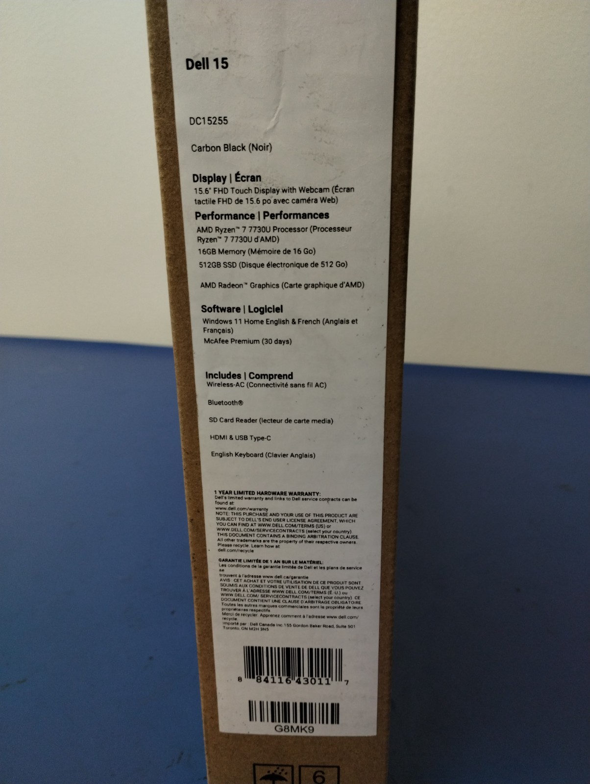 DELL 15 DC15255 G8MK9, AMD Ryzen 7 7730U, 2.00 GHz, 16 GB RAM, 512 GB NVMe SSD