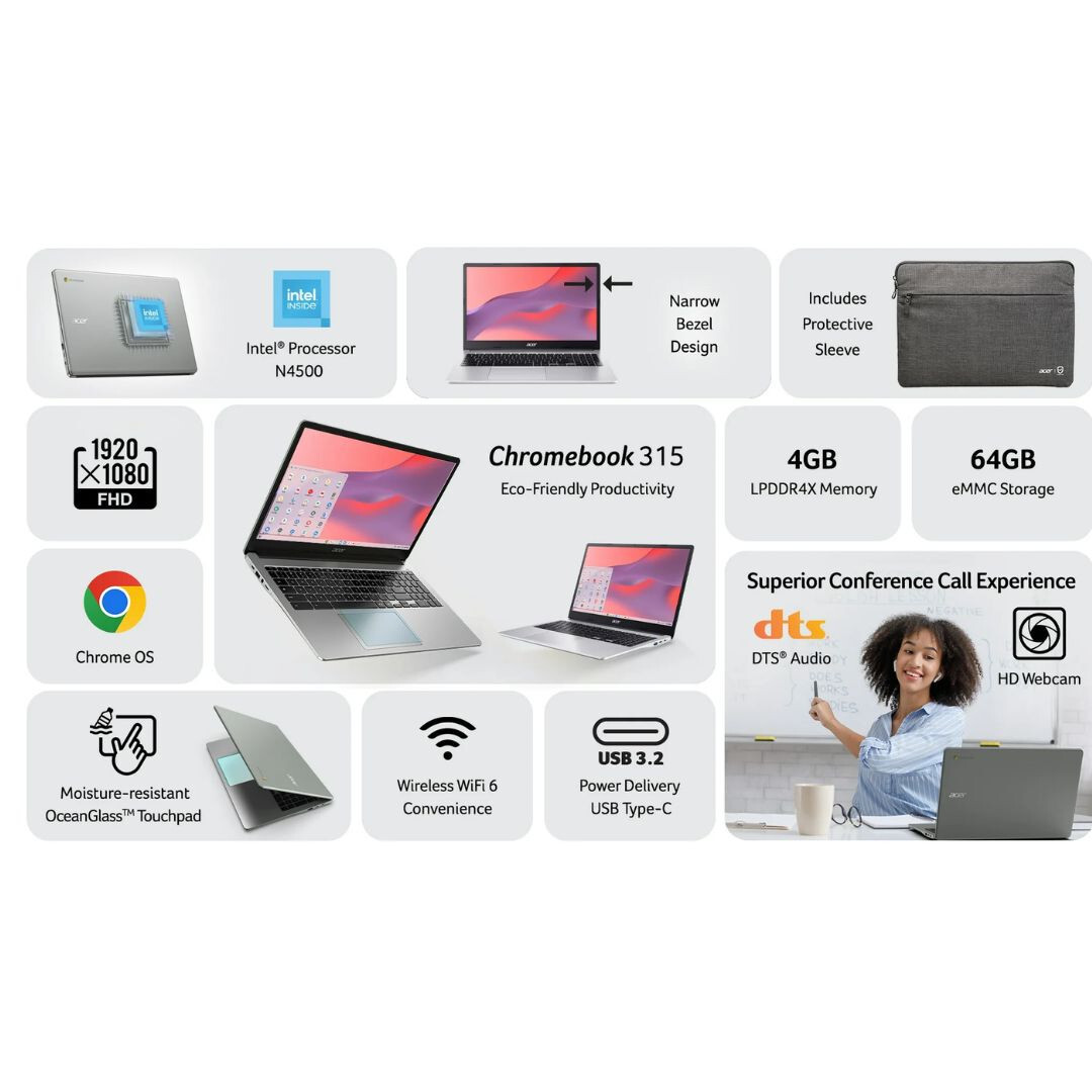 NEW Acer Chromebook 315 15.6 inch Laptop Intel Processor N4500 4GB RAM 64GB eMMC