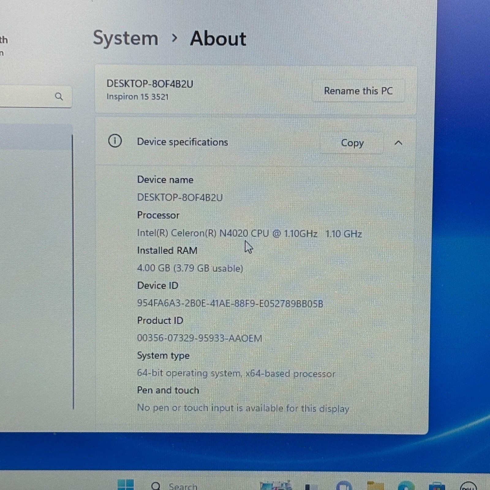 Dell Inspiron 15 15.6″ Celeron N4020 1.10Ghz 4GB RAM 128GB SSD