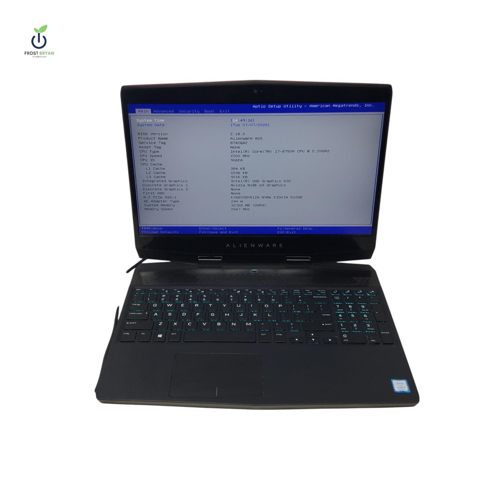 ALIENWARE m15 Laptop i7-8750H@2.20GHz 32GB 512GB RTX 2080 8GB No OS