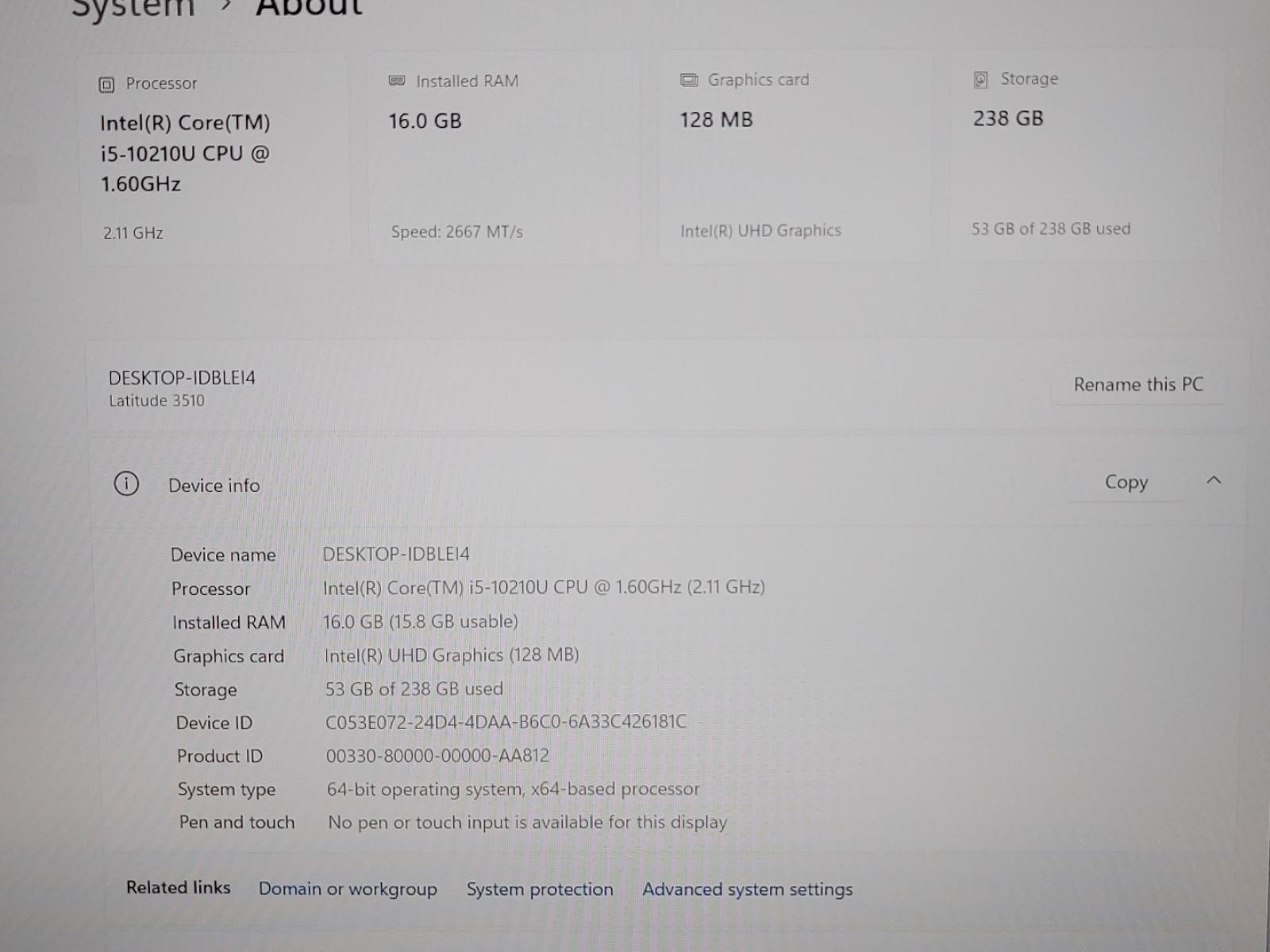 Dell Latitude 3510 15.6″ Intel i5-10210U 16GB 256GB SSD Windows11Pro *NO A/C*