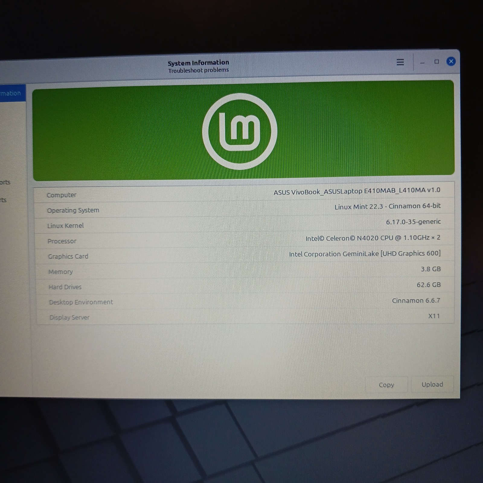 Asus L410m 180 Degree Laptop Celeron N4020 @ 1.10GHz 4g Ram 64g SSD Linux Mint