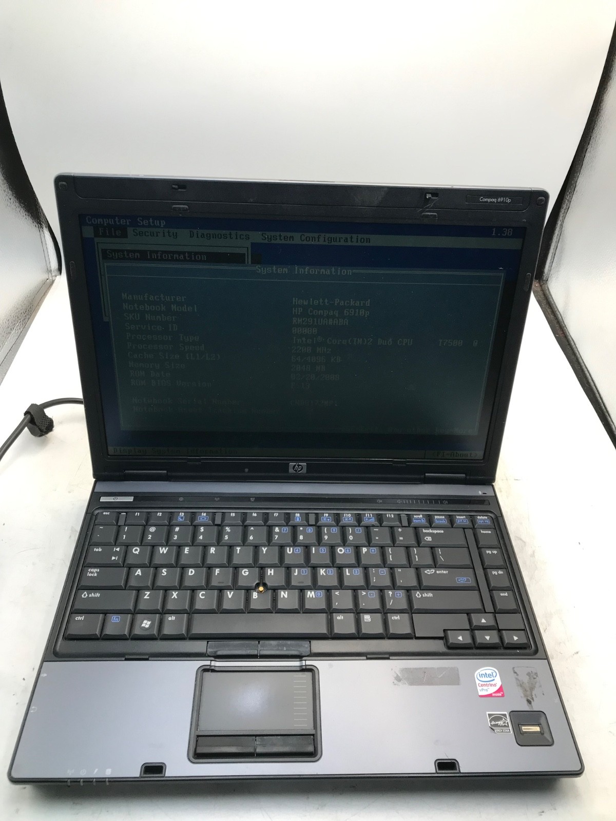 HP Compaq 6910p Intel Core 2 Duo 2.1GHz 14″ NO HDD-BOOTS BIOS, BAD LATCH-MZ
